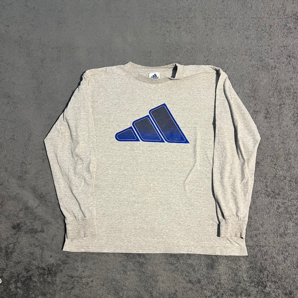 Vintage Adidas Long Sleeve Shirt Mens Medium Gray Blue Graphic Logo Tee Sports